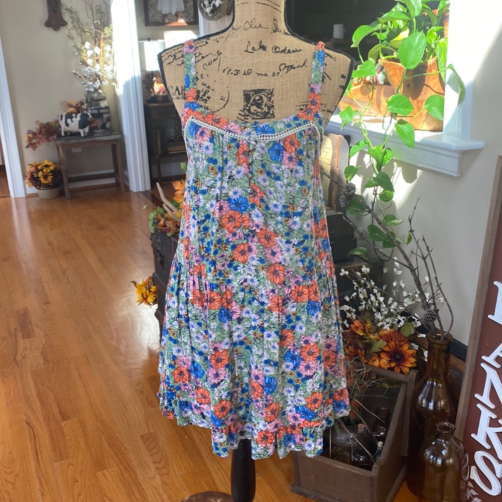Wild Fable Floral Dress Green and Orange Spaghetti Straps Tiered Sundress